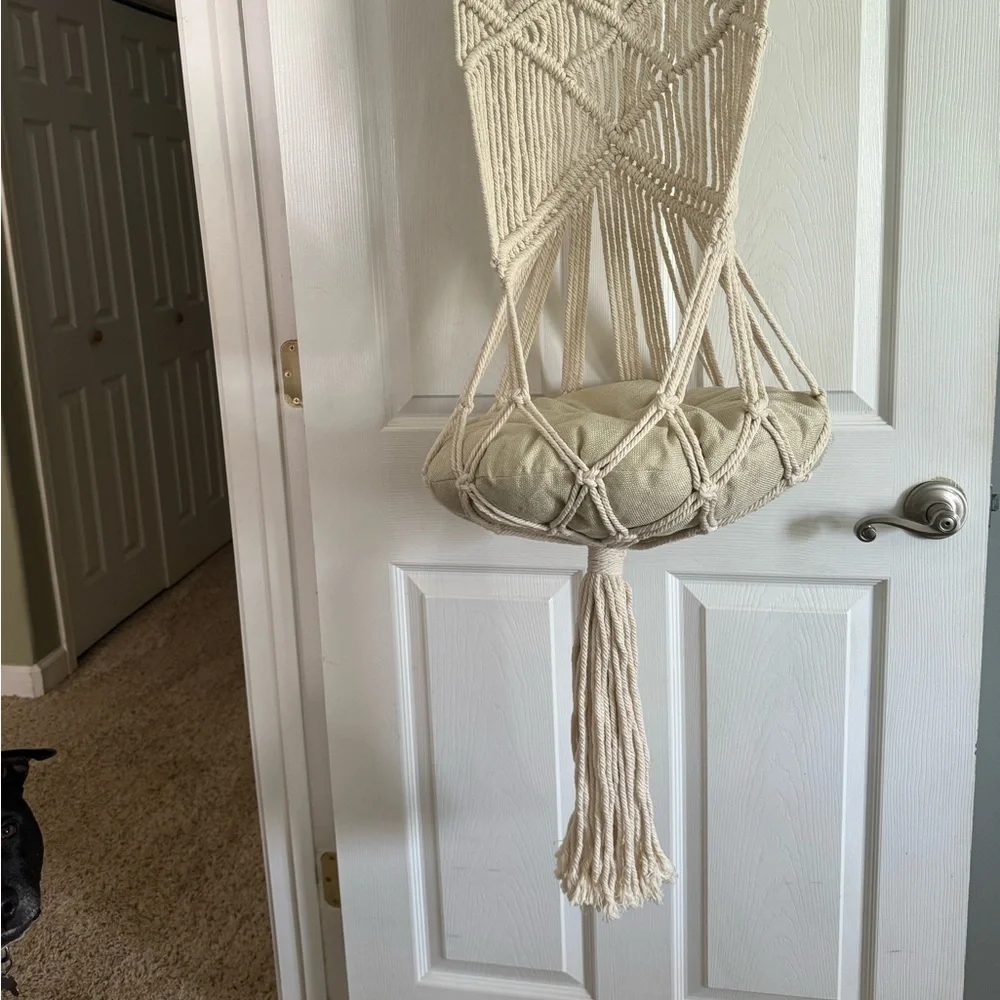 Cream Macrame Hanging Cat Bed with Cushion